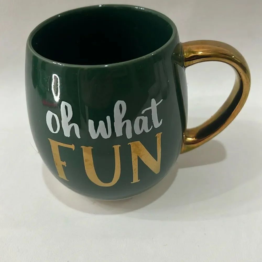 Thresholds Coffee Stoneware Mug Green Gold White Oh What Fun 18 Oz 4 1/2 In Tall